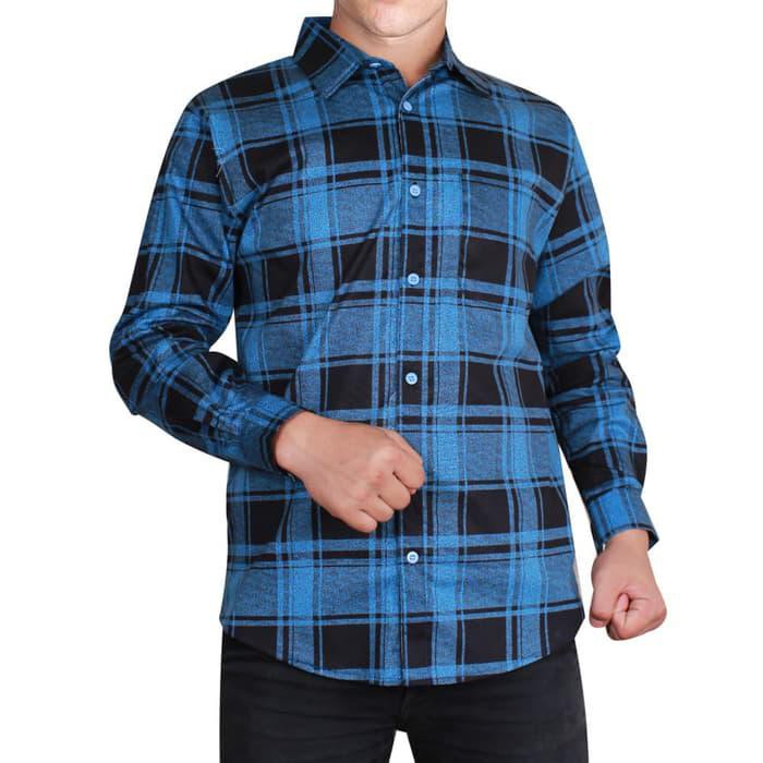 KEMEJA KOTAK BIRU OT  KEMEJA PRIA KATUN STRETCH BIRU 