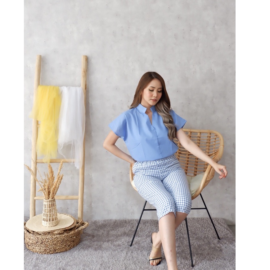 COTTONBELLS CASUAL JUMPSUIT WANITA BERDINE SQUARE PLAID V SET PANTS (JJ - JS 1758)-1