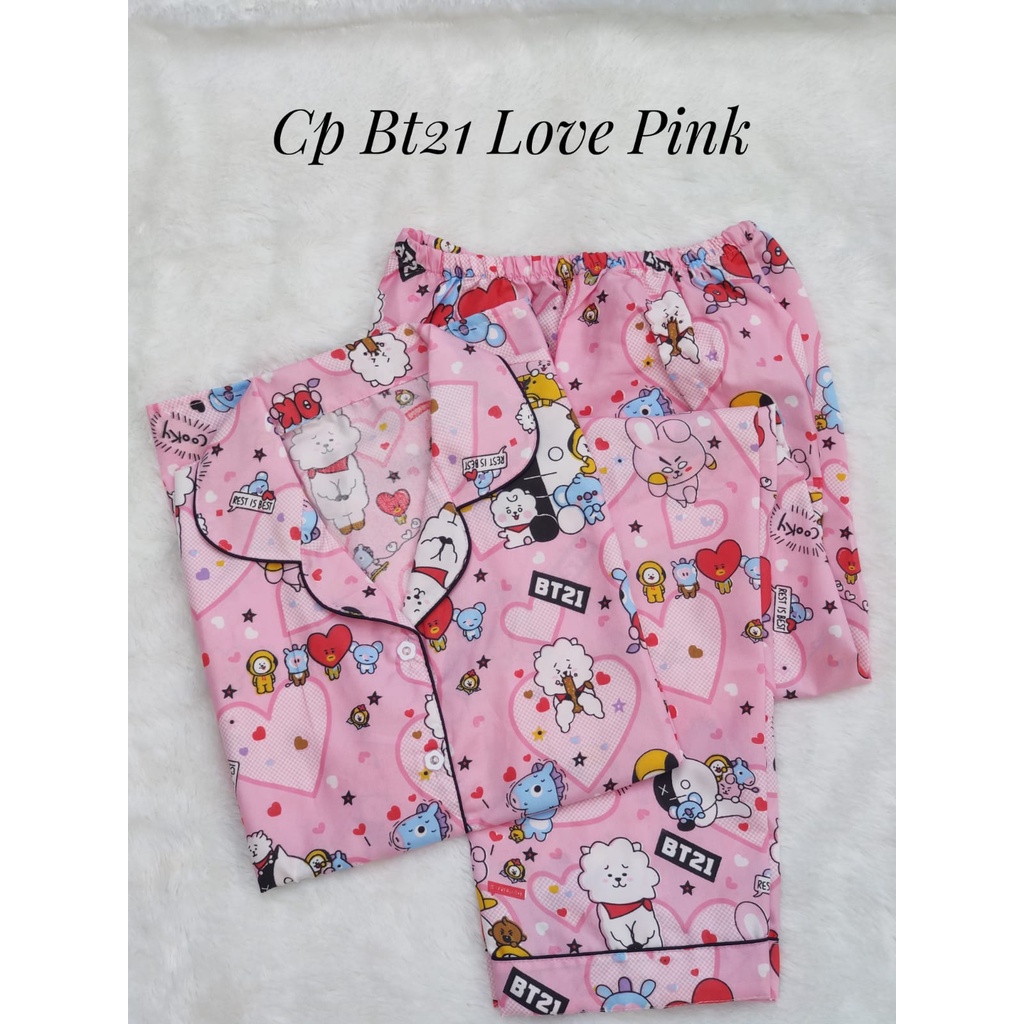 BJ-Piyama CP Dewasa Wanita Motif Karakter - Lengan Pendek-Love BT21 Pink