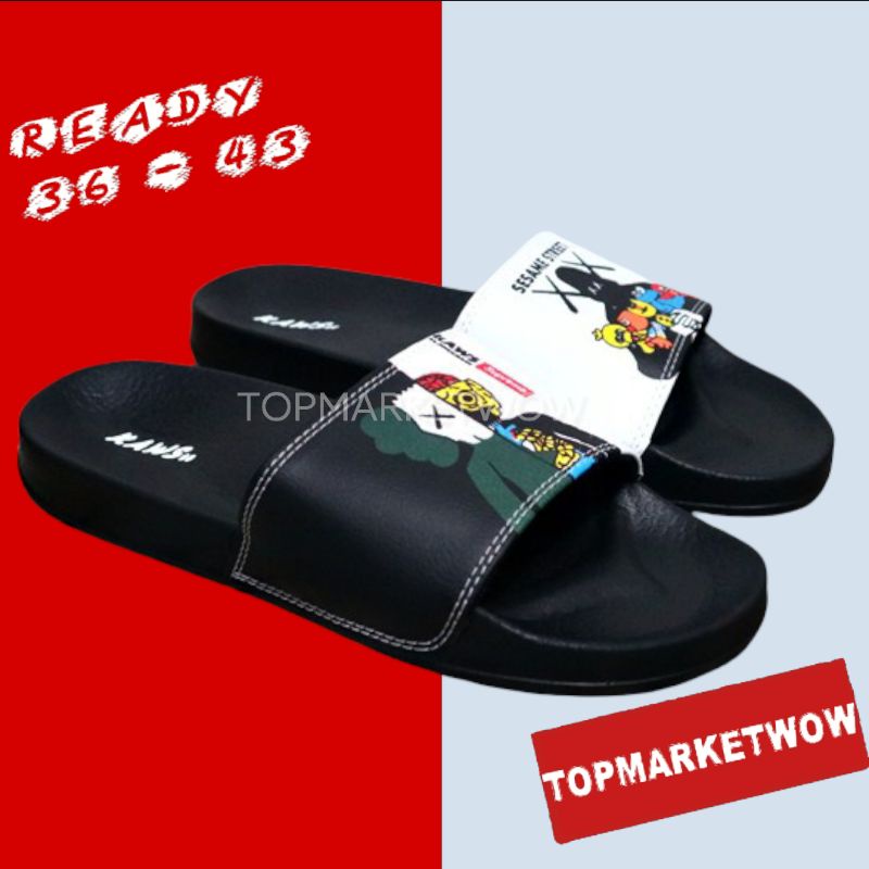 Sendal Kaws x Sesame Street Slide Sport Hitam Sandal Jelly Slop Pria Wanita Import Flip Flop