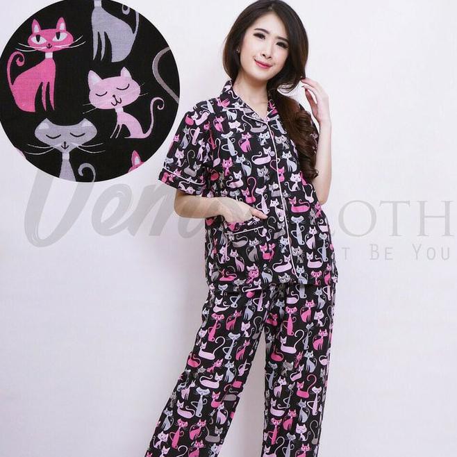 3BAK BAJU TIDUR CEWEK/WANITA PIYAMA PAJAMAS KATUN MOTIF BLACK CAT MURAH HSHV