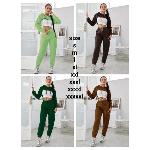(tanpa iner)SET HOODIE SUPER CROP DADA TERBUKA +CELANA JOGER TALI SERUT