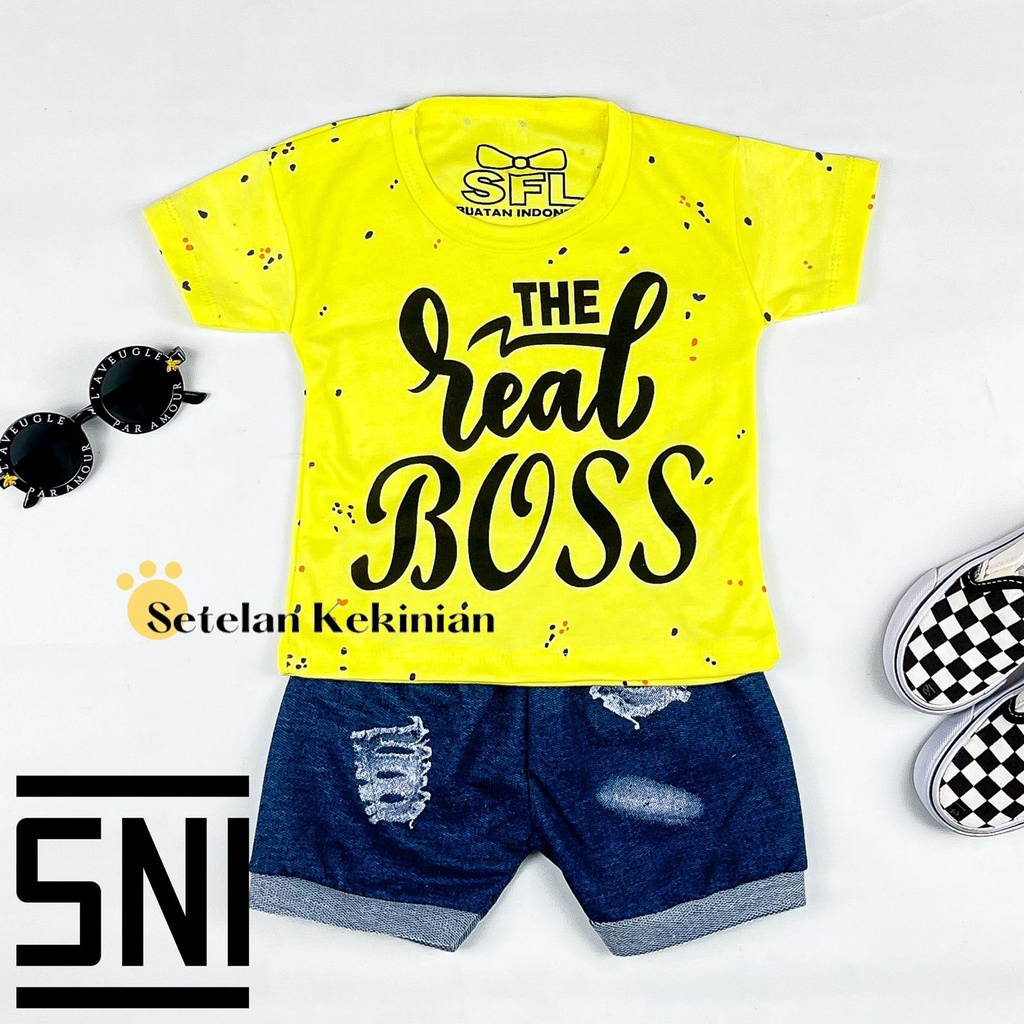 [SK] Set Anak Laki Laki 0-12Bln Baju Oblong Celana Pendek Murah The Real Boss Set Baby Boy Kaos Retro Setelan Bayi Cowok