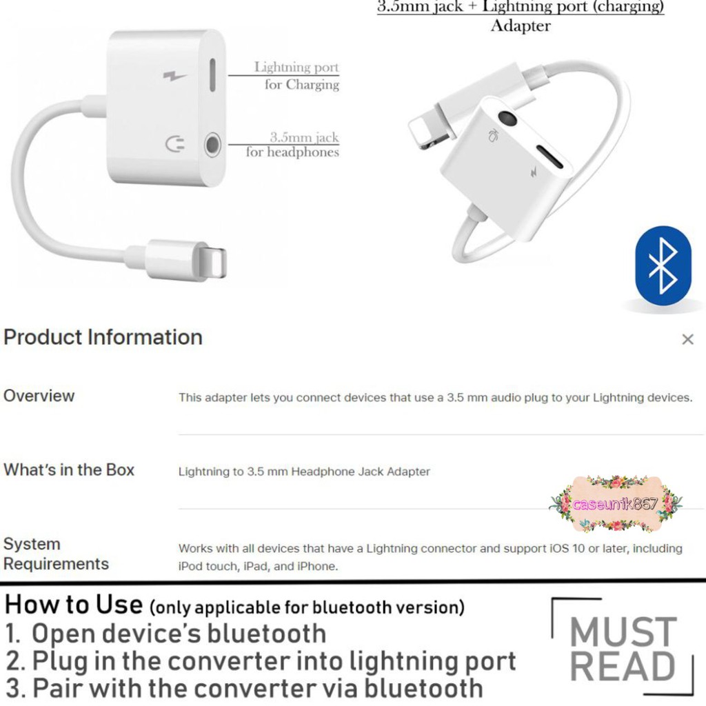 BM039 Mh030 dual conector converter spilter IP ligthing to jack audio 3.5MM adapter 2in1 7 7+ 8 CS1127