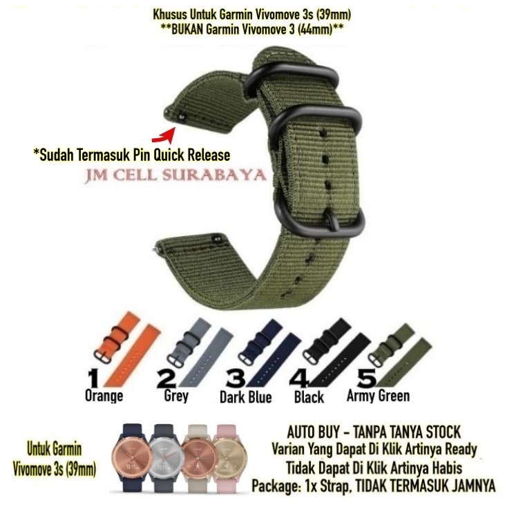 Tali Jam 18mm Watch Strap Garmin Vivomove 3s 39mm - Nylon Stitching Quick Release