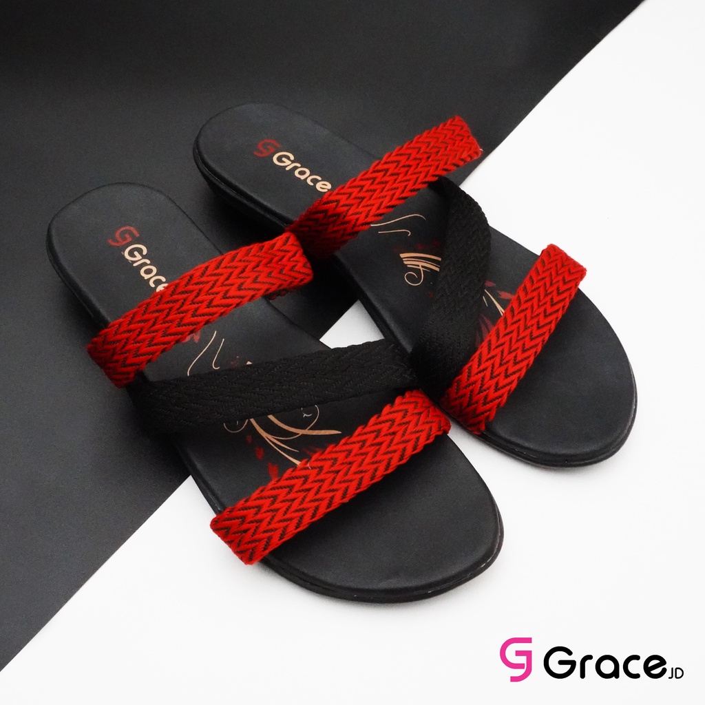 GRACE [RAJUT LAUREN BAN 3M] Sandal Cewek Turki Tapak Hitam/ Sandal Wanita Ban 3M/ Sandal Selop Wanita