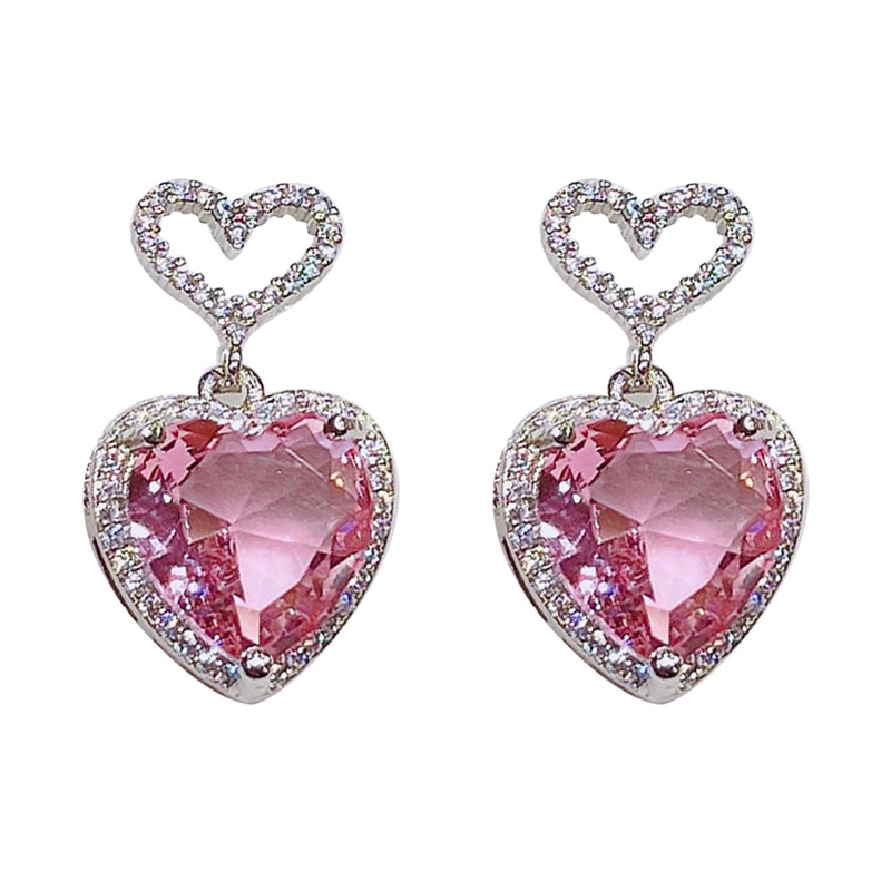 Anting Gantung Bentuk Hati Bahan Cubic Zirconia Warna Pink Untuk Wanita