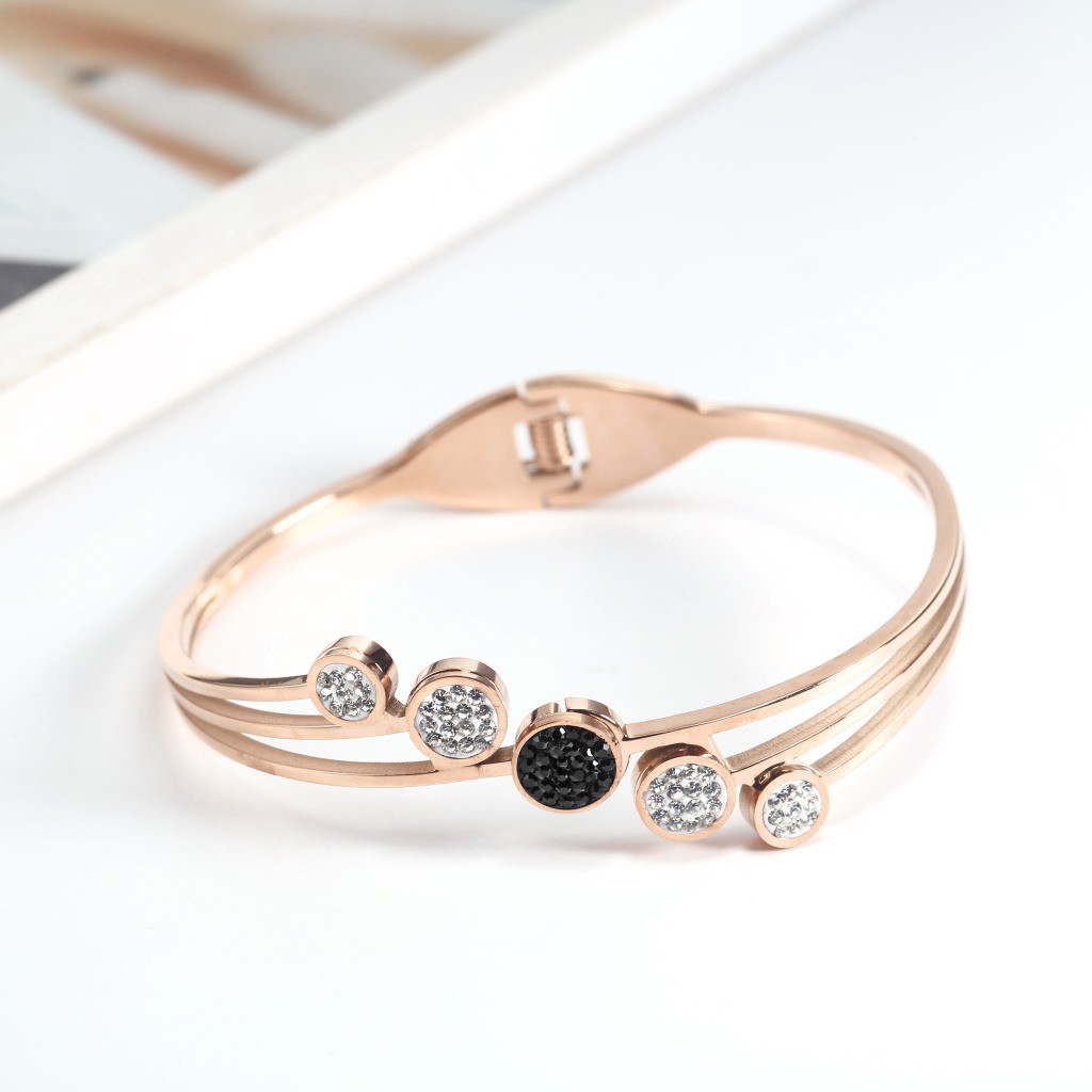 Gelang Titanium Premium Bangle 3 Layer Bulat Hitam Putih Rose Gold - BB503