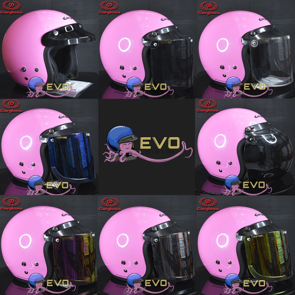 HELM CARGLOSS ORIGINAL CFM RETRO ARMY HALF FACE - MILKSHAKE PINK PASTEL METALIC + KACA DATAR