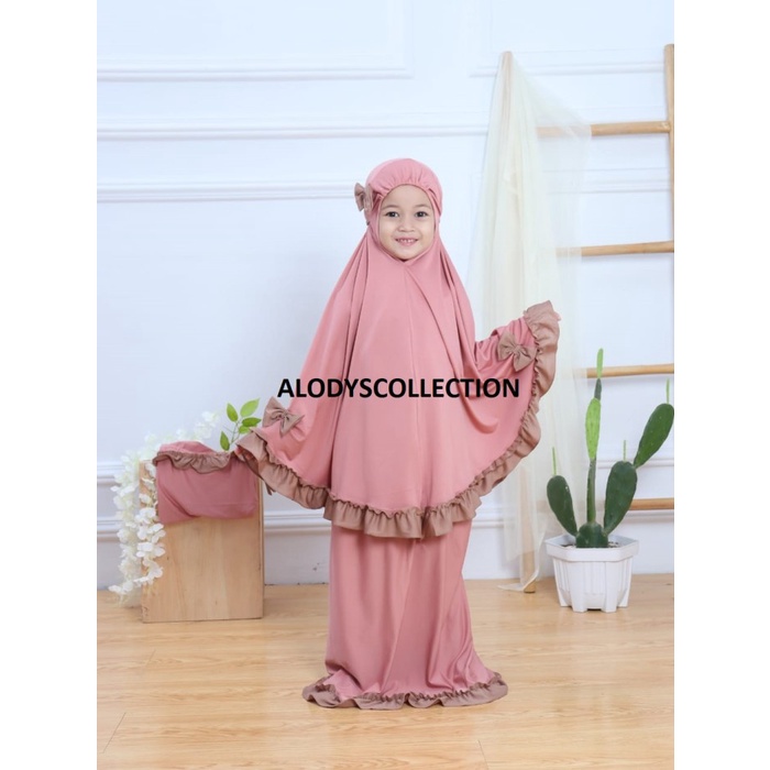Mukenah Anak Bahan Jersey Terbaru 005 Alody's Collection Merah Adem Perlengkapan Sholat Fashion Musl
