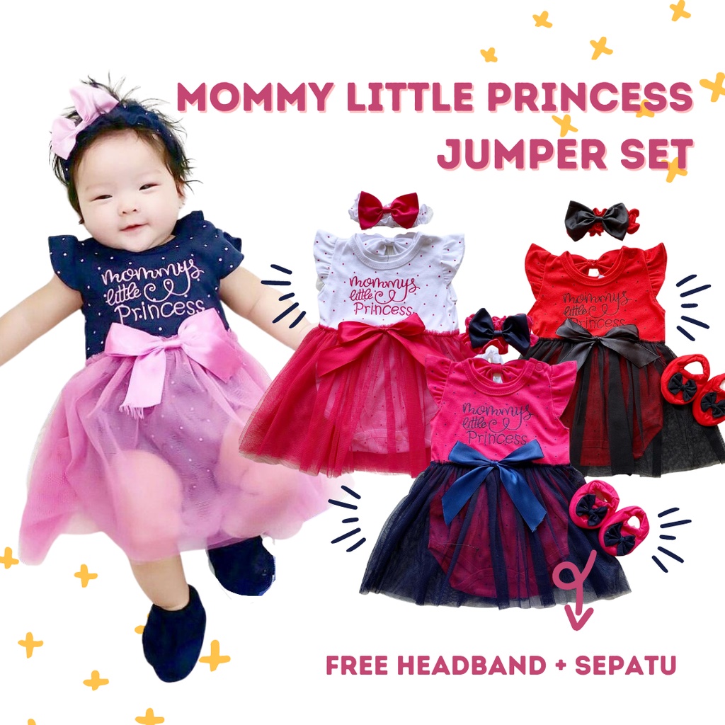 baju bayi anak perempuan 0-12 bulan mommy little princess jumper set free headband dan sepatu TIARA / BUNNY RIBBON