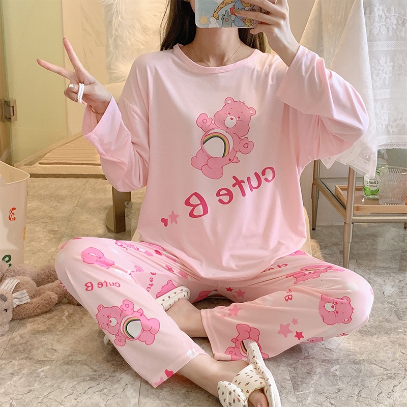 Setelan Piyama Bahan Adem Lengan Panjang Oversize Karakter Lucu Baju Tidur Wanita-pink ball