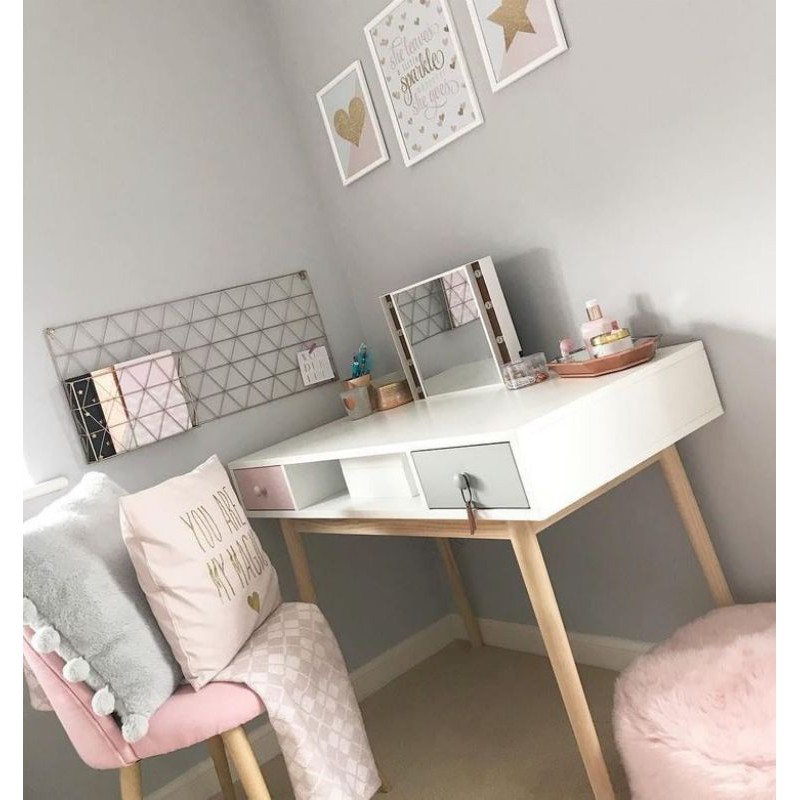 Meja Rias Minimalis Skandinavia dengan Cermin & Laci – Putih Abu Pink