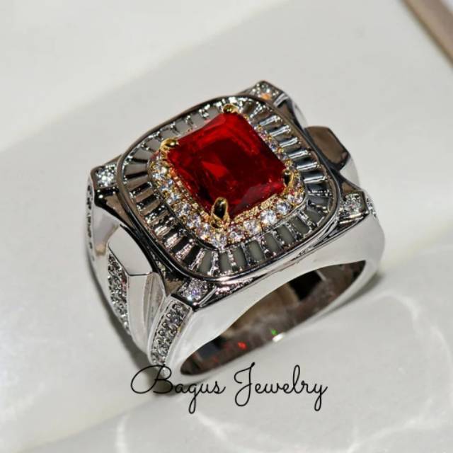 Cincin Pria Red Ruby Created Silver Plated Model Mewah