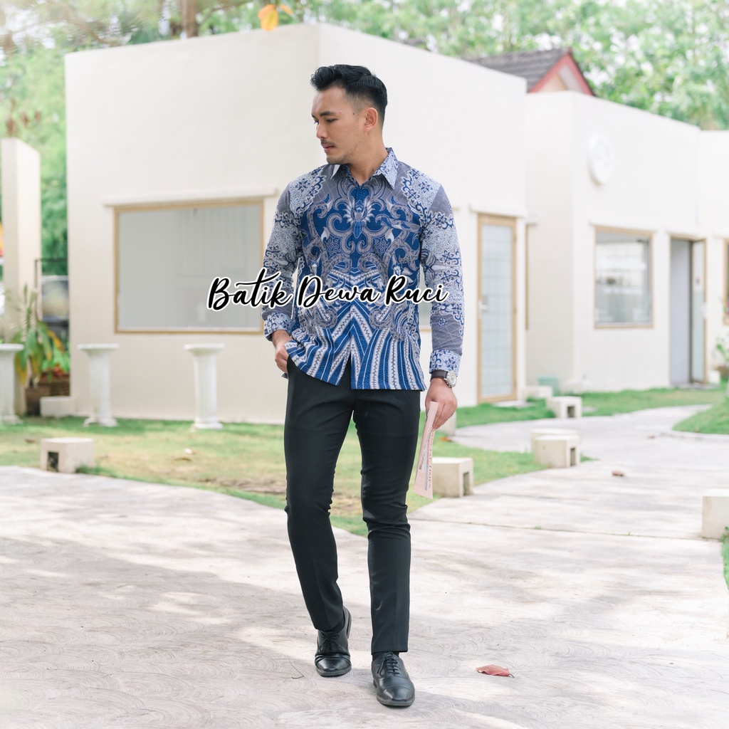 Batik Pria TOYO BIRU Full Furing Bahan Katun Halus High Quality