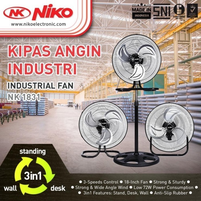 NIKO NK 1831 - Kipas Angin 3in1 Stand, Wall &amp; Desk Fan 18&quot; / Kipas Angin Besi Industrial Fan 18 Inch