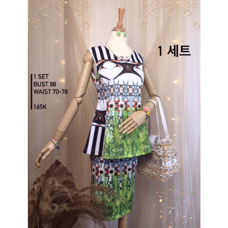 setelan scuba tanktop motif bunga garis abstrak rok span midi clover canyon preloved