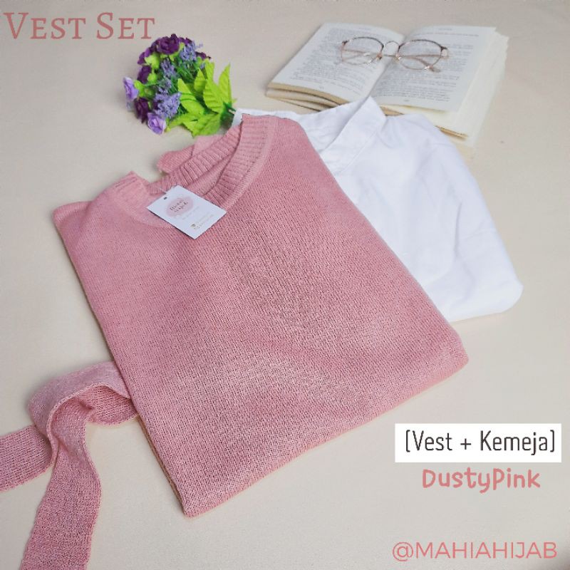 Vest Set (Vest rajut + Kemeja putih) Paket hemat OOTD rajut murah