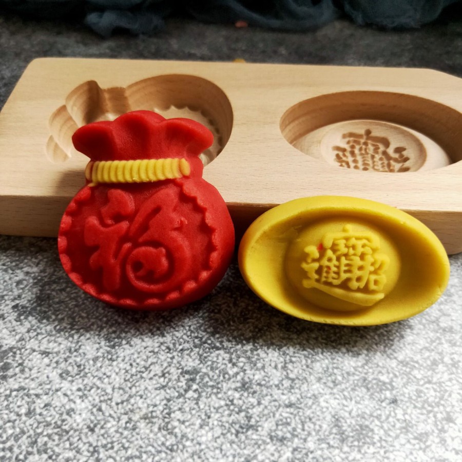 Cetakan Kue Bulan Ketok Kayu Mooncake Nastar Motif Xibao Yuan Bao