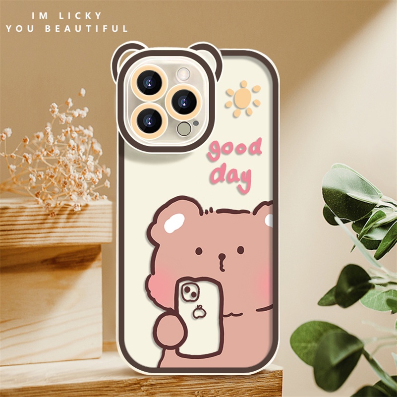 Soft Case Silikon TPU Motif Beruang Untuk Compatible for iPhone 14 13 12 11 Pro Max X Xr Xs Max SE 2020 iPhone 8 7 6 6s Plus Bear Selfie Cute Couple Phone Case Lens All-Inclusive Soft Silicone Shockproof Phone TPU Back Cover