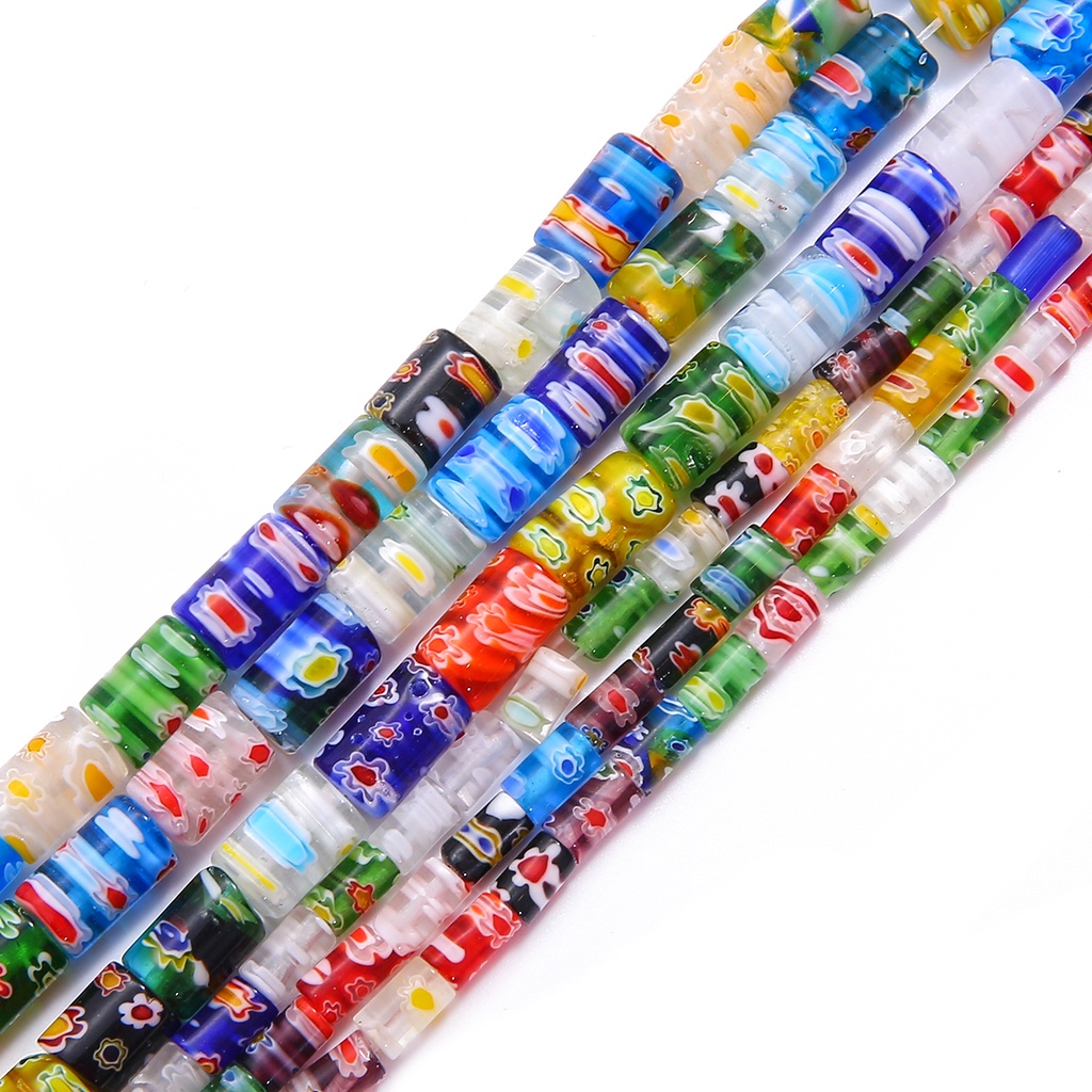 5x8mm/8x12mm 32-47Pcs Warna Campuran Bentuk Silinder Bunga Pola Kaca Lampwork Longgar Kerajinan Manik-manik untuk Membuat Perhiasan DIY Gelang