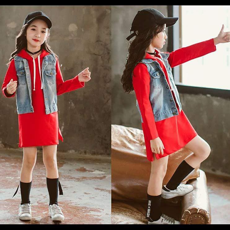 Hoodie Dress Merah Dengan Jaket Set 2in1 (atasan, jaket)