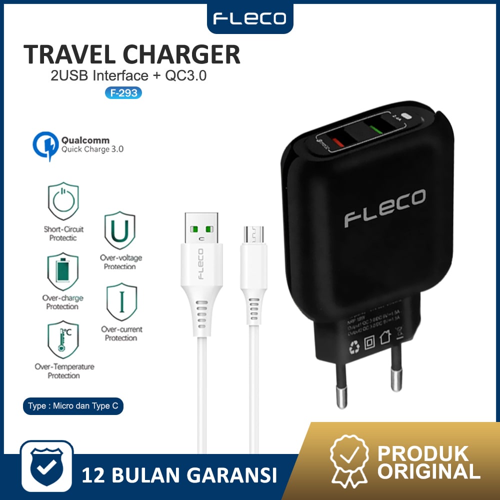 Quick Charger Adaptor 3.0A 2 USB Charger Portable Multifunction Travel Charger F-293 FLECO FREE kabel