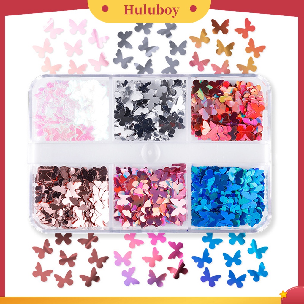 Huluboy Huluboy♡ 6 Grid / Kotak Sequin Bentuk Kupu-Kupu Untuk Nail Art Butterfly