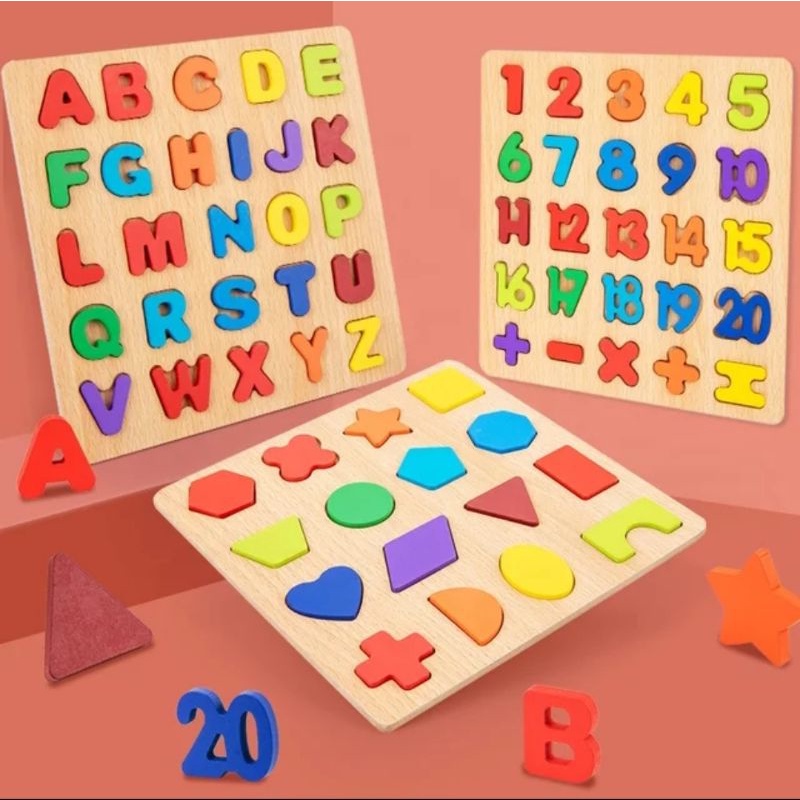 Puzzle 3D Huruf ABC Angka Numbers dan Bentuk Mainan Kayu Anak Belajar Mainan Edukasi
