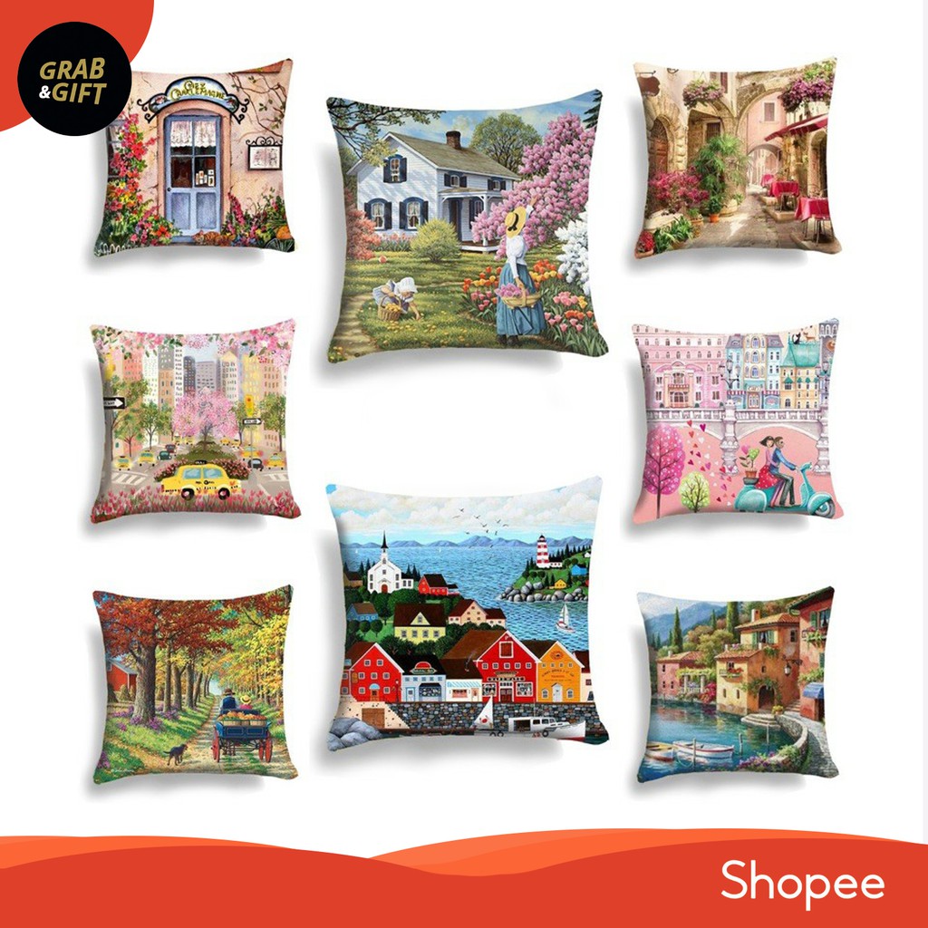 Bantal Sofa Motif Lukisan Pemandangan 40 x 40 cm Cushion Pillow Landscape Painting