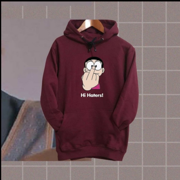 (TERLARIS) JAKET HOODIE SWEATER NOBITA HI HATERS HOODIE ANIME MEME PRIA WANITA - Putih, S