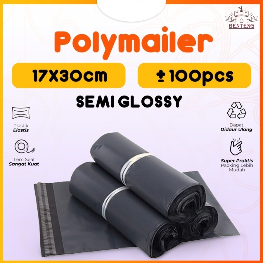 PL17 - Kantong POLYMAILER Hitam Isi 100 Pcs Plastik Packing 17x30 Cm