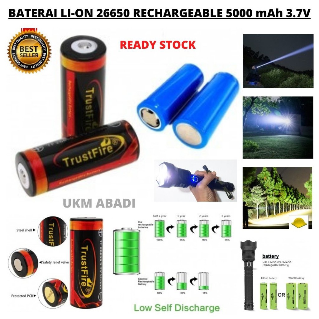 Baterai Li-on 26650 Serbaguna 5000mAh 3.7V Rechargeable 111107