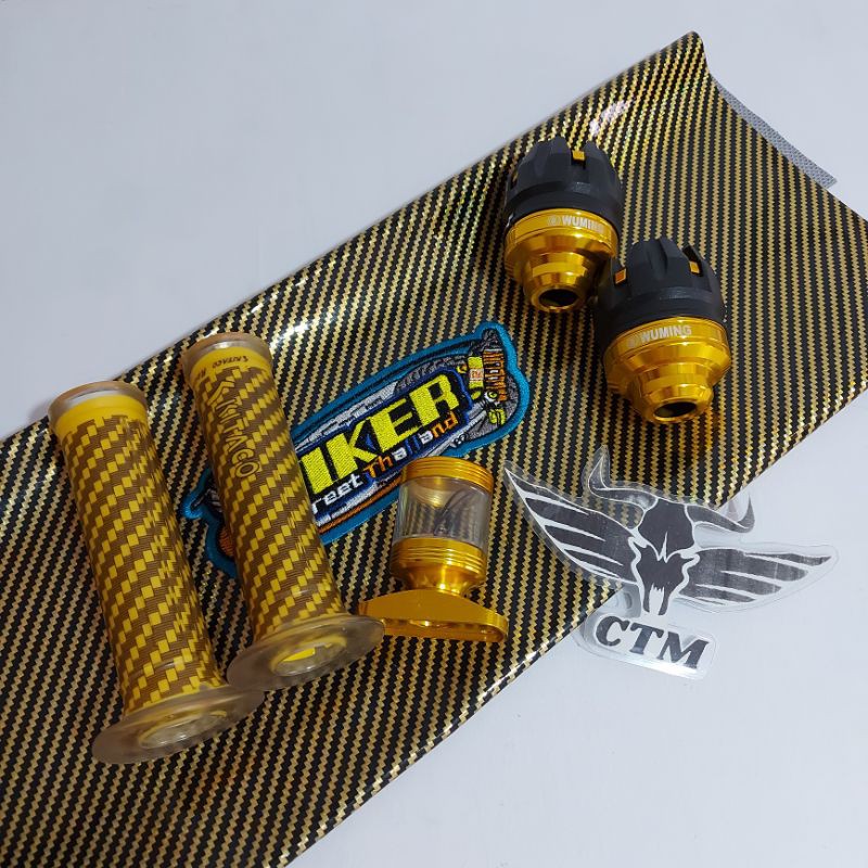 PAKET KULIT JOK + STEMPEL KACA TRANSPARAN GOLD + GRIP CARBON + JALU AS RODA DEPAN GOLD