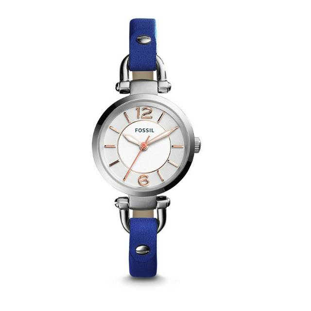 FOSSIL ORIGINAL ES4001 GEORGIA SILVER DIAL BLUE LEATHER STRAP WATCH