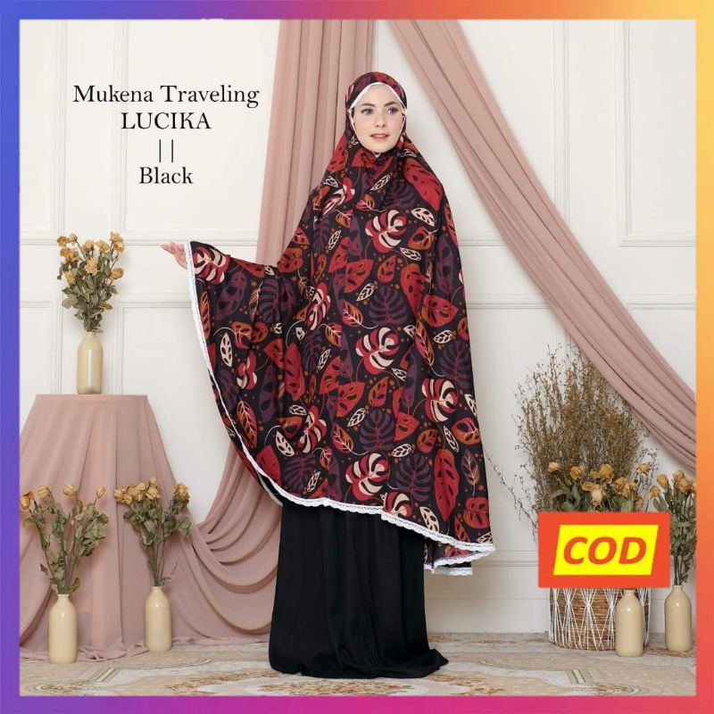 Raszi Official Mukena Traveling Dewasa Katun Rayon Premium Warna Hitam Motif Janda Bolong List Renda