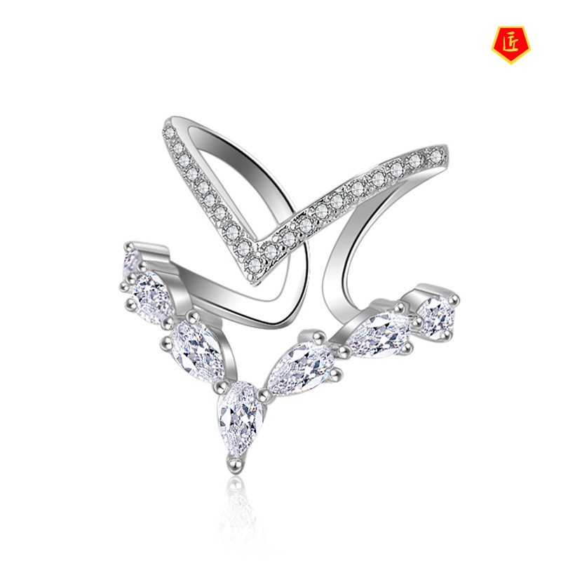[Ready Stock]Personality Fashion Irregular Double-Layer Diamond V-Shaped Ring