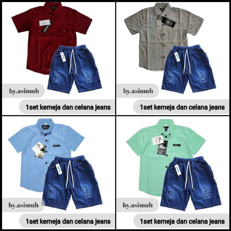 Setelan baju kemeja pendek celana jeans pendek anak laki laki 2 - 9 tahun