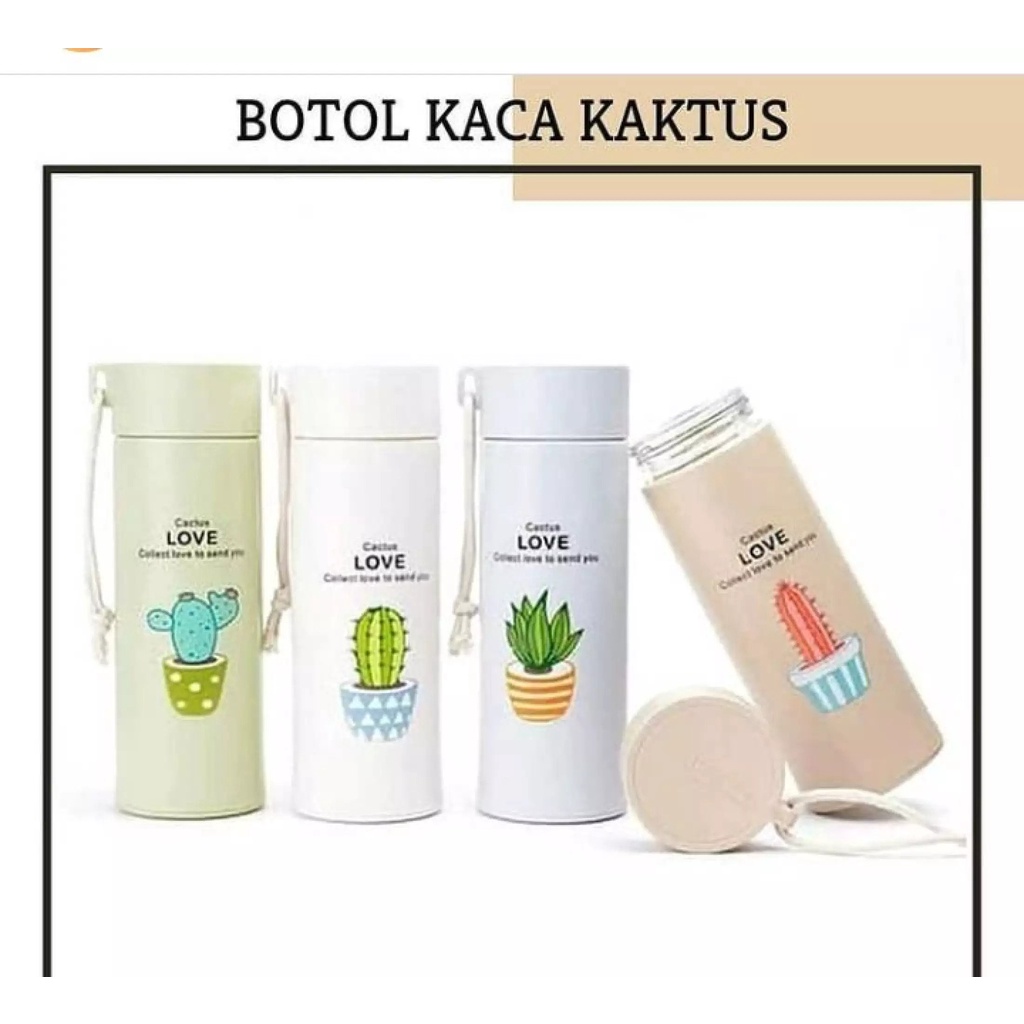 Botol Minum Kaca Motif Kaktus Tumbler Unik Kemasan Dus