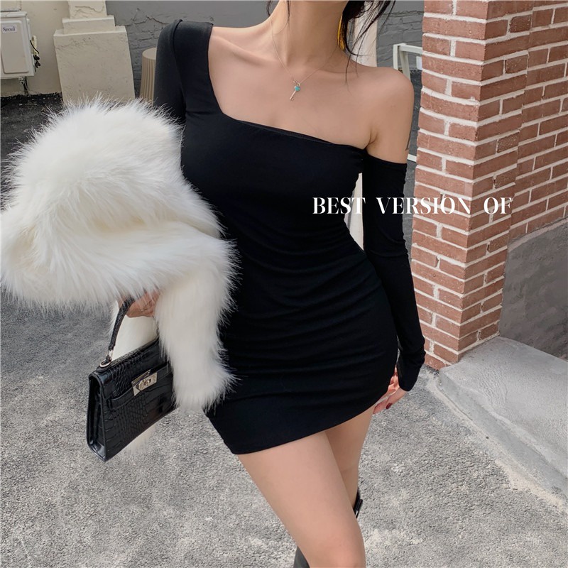 midi dress korea hitam seksi lengan panjang hip dress rok ketat rok wanita