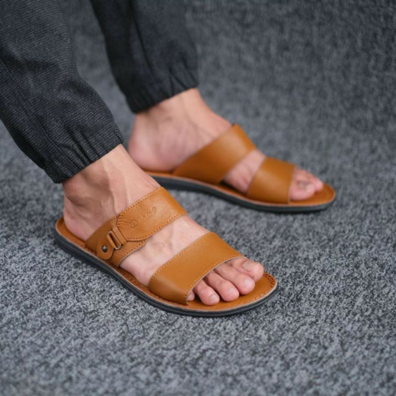 BRLN 005 Tan Sandal Kulit Pria Casual Santai Klasik Sendal Slide Sndal Selop Slop Original Full Kulit Asli