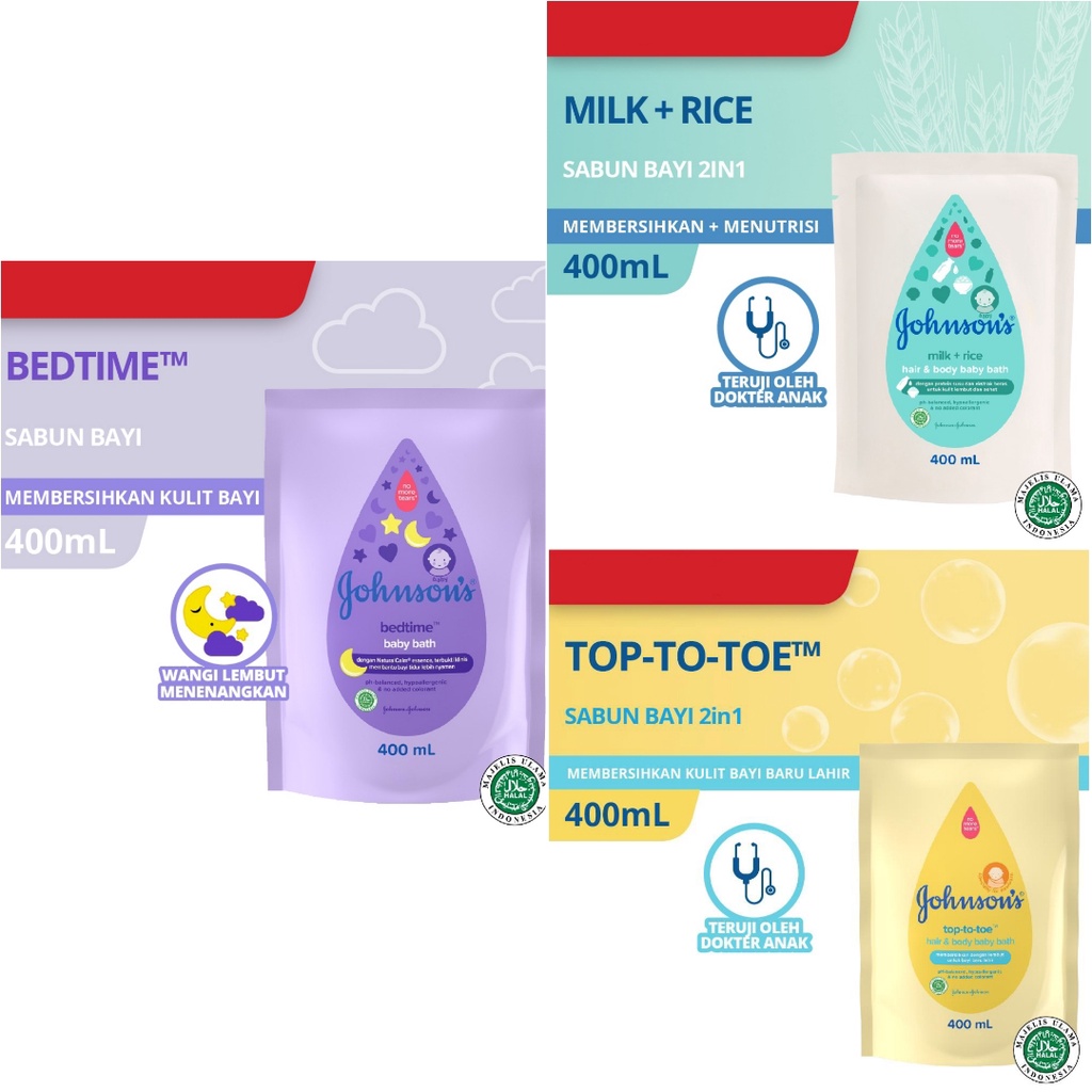 Baby Bath Johnsons Refill 400ml Milk Rice | Bedtime | Top To Toe 2in1