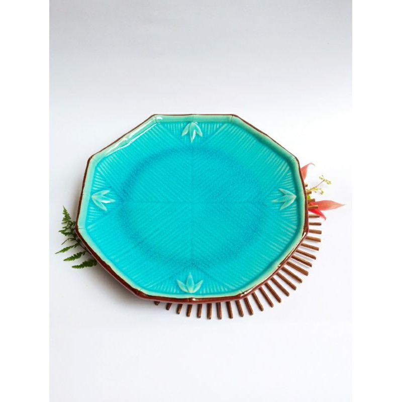 piring makan/piring kue keramik biru segi 8 / oktagon - import