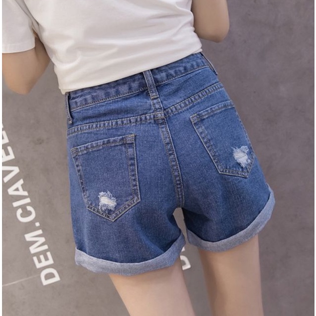 Celana pendek denim robek berpinggang tinggi versi Korea pakaian wanita hot pants kaki lebar longgar Cocok untuk semua usia