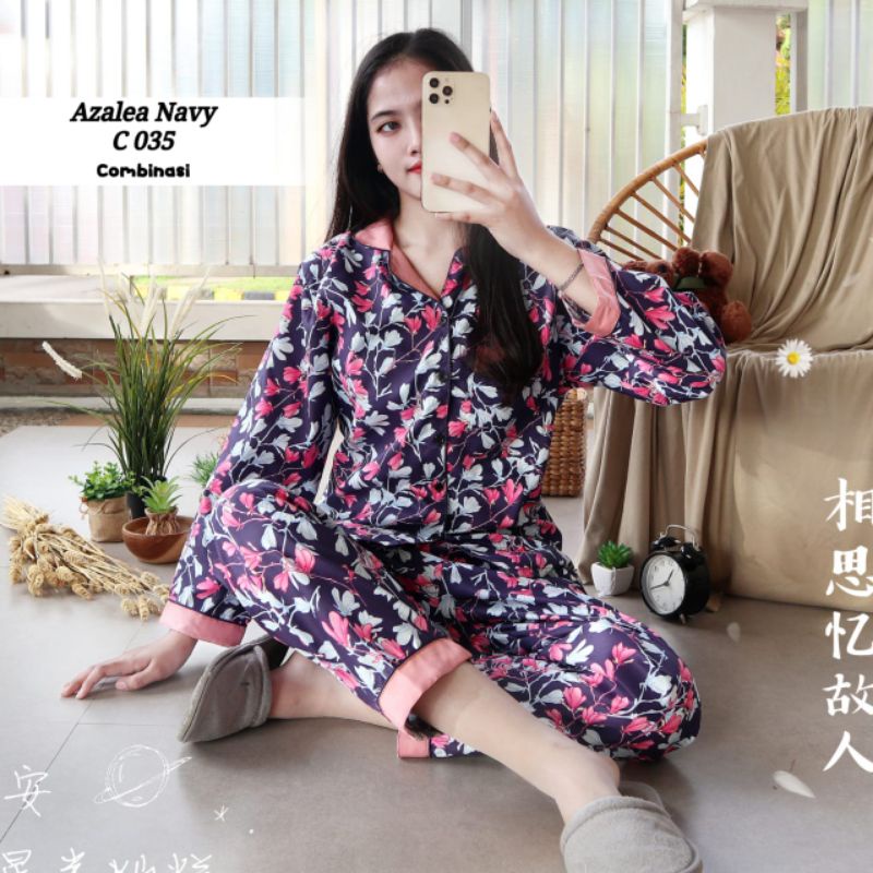 Piyama Wanita Lengan Panjang PP Motif Bunga Set Piyama Baju Tidur Wanita Remaja Baju Tidur ABG-Azalea navy brown