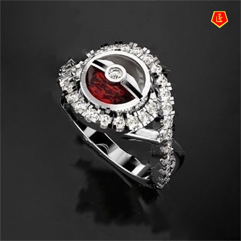 [Ready Stock]Creative 925 Silver Poke Ball Series Red And White Ring Fashion Personality