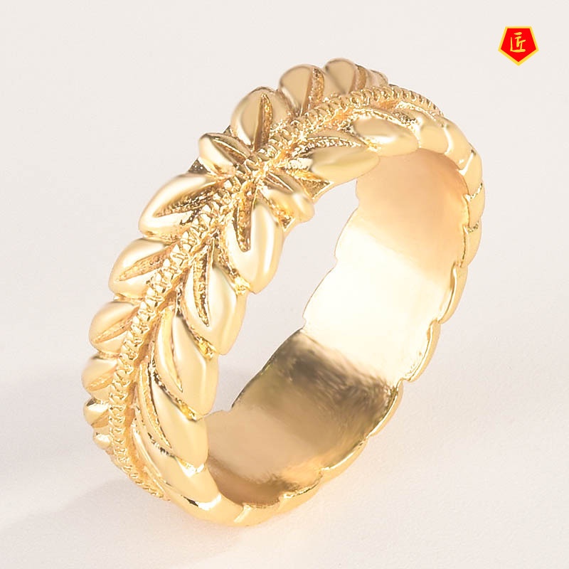 [Ready Stock]14K Gold Carving Wheat Leaf Ring Simple