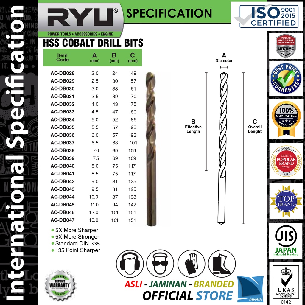 Mata Bor 2,0 ~ 9,5 mm Untuk Baja dan Stainless Steel - COBALT Drill Bits RYU