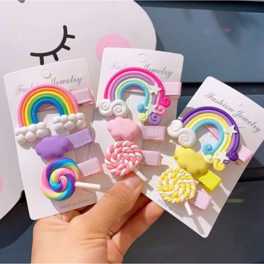 3 Pcs Set Jepit Rambut PELANGI 01 Kartun Unicorn Awan Klip Jepitan Anak Gaya Korea Fashion Hair Clip