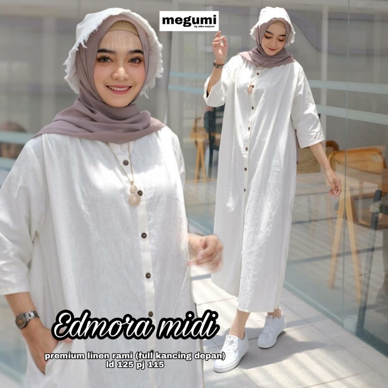 Midi Dress Polos Jumbo Kekinian XXL Ld 125 Bahan Premium Linen Rami Full Kancing Depan Edmora